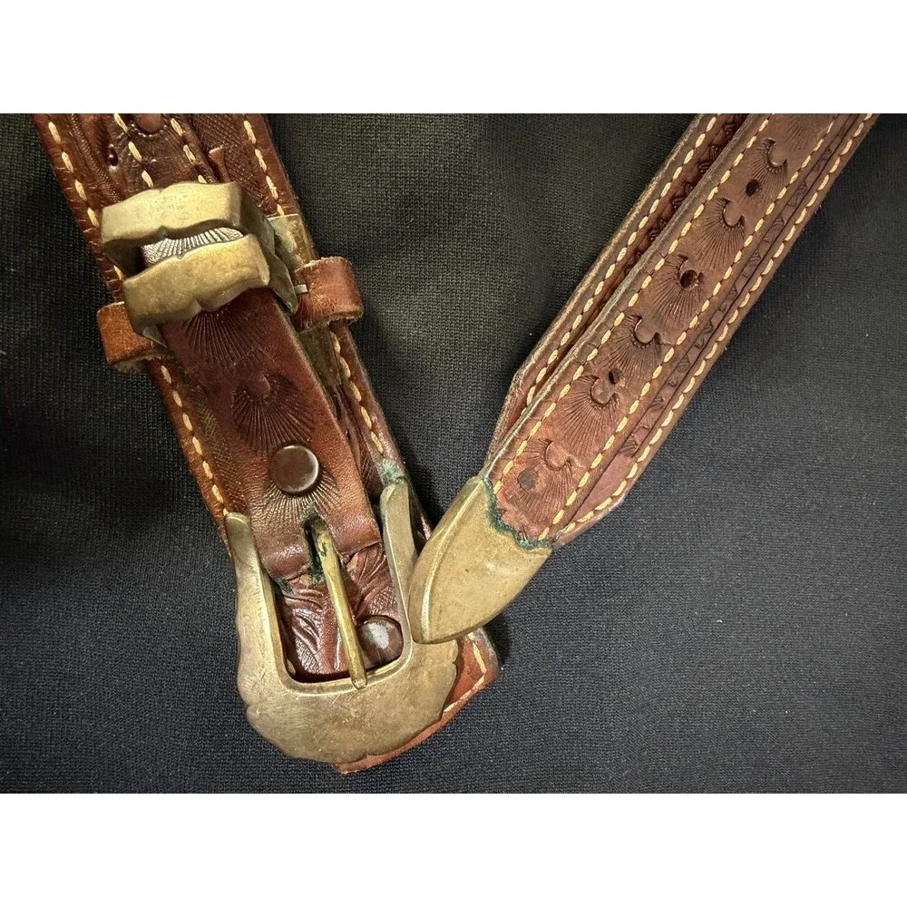 Vintage Tex Tan Leather Western Belt Size 40 USA Tooled Brown Brass Cowboy